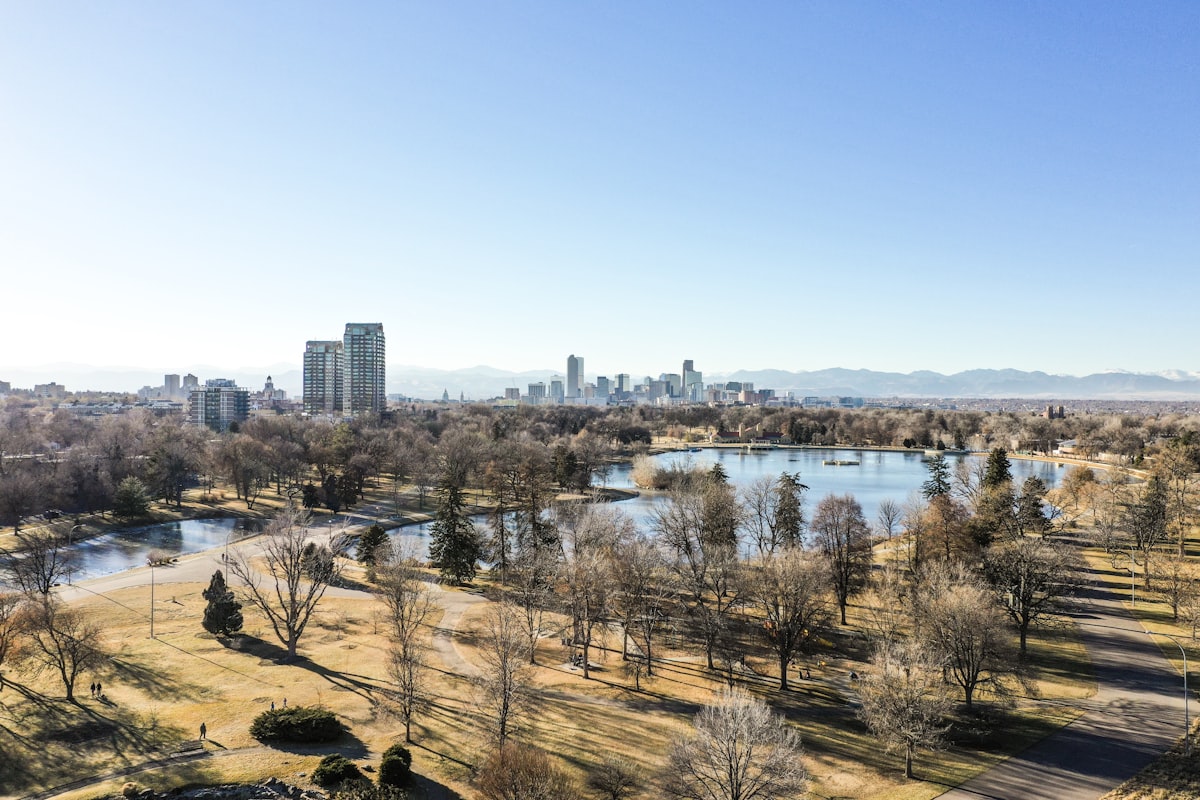 Denver downtown with mountain backdrop